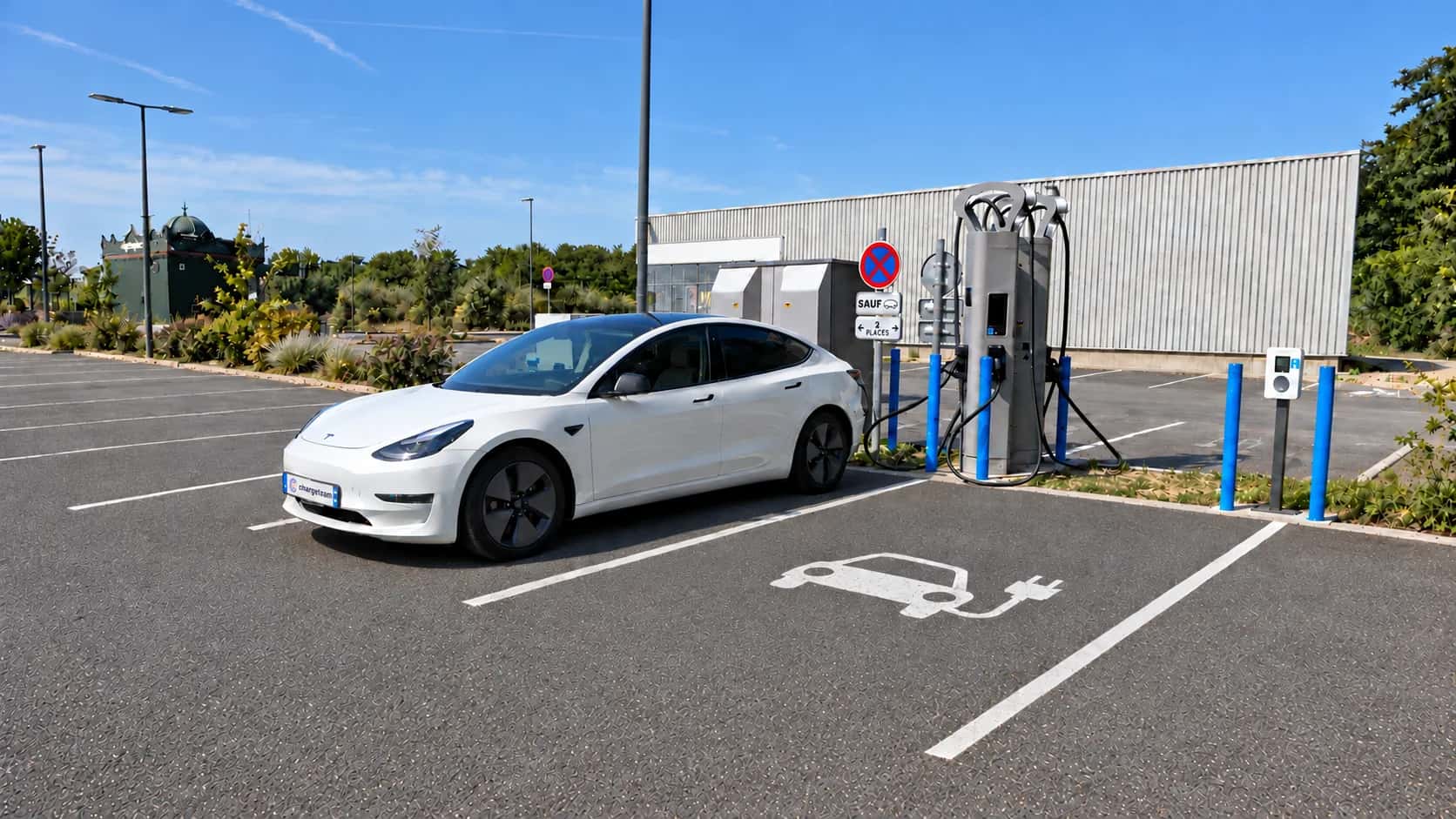 Tesla bianca ChargeTeam collegata a una colonnina rapida
