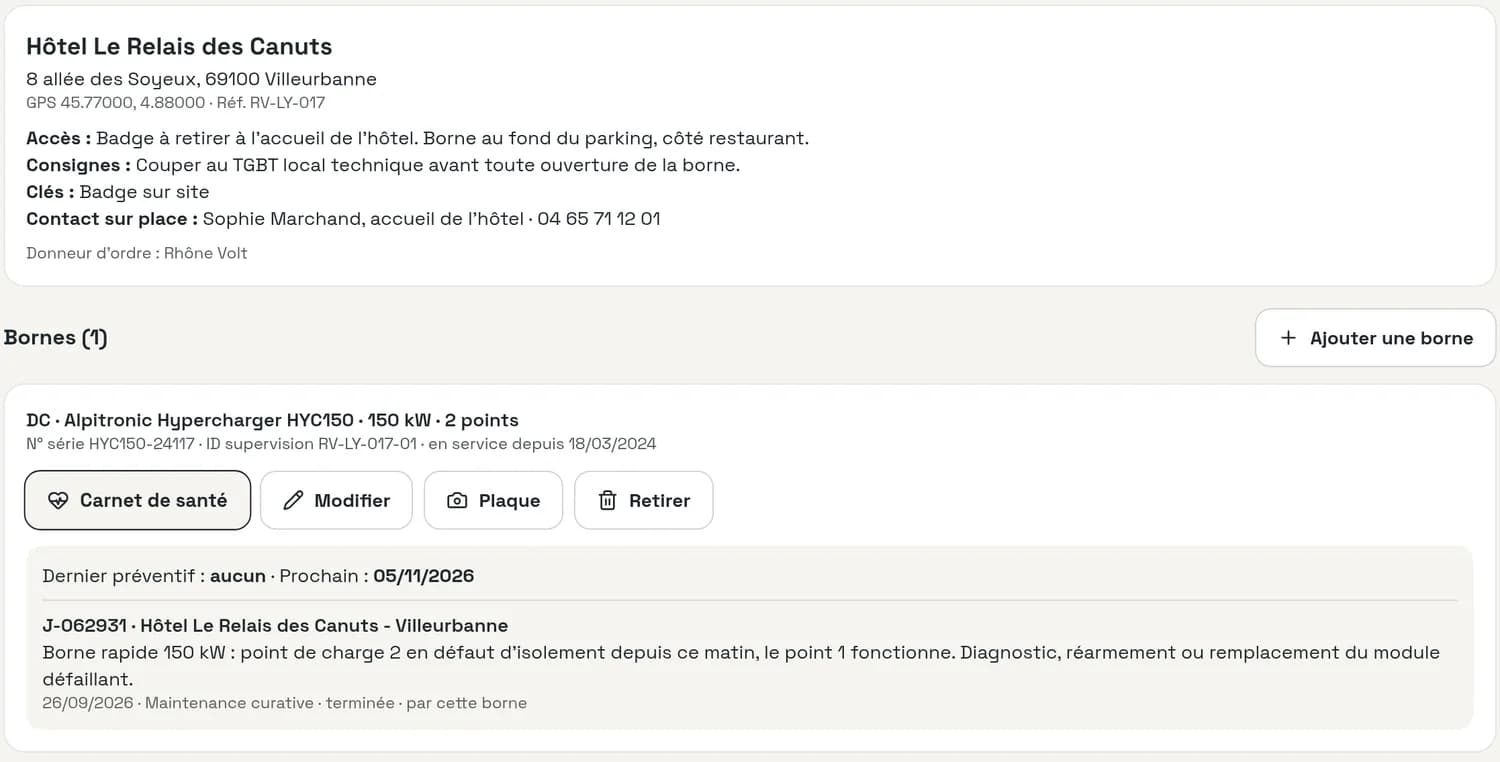Schermata di una scheda sito: un hotel partner, accessi e istruzioni, colonnina e il suo libretto.