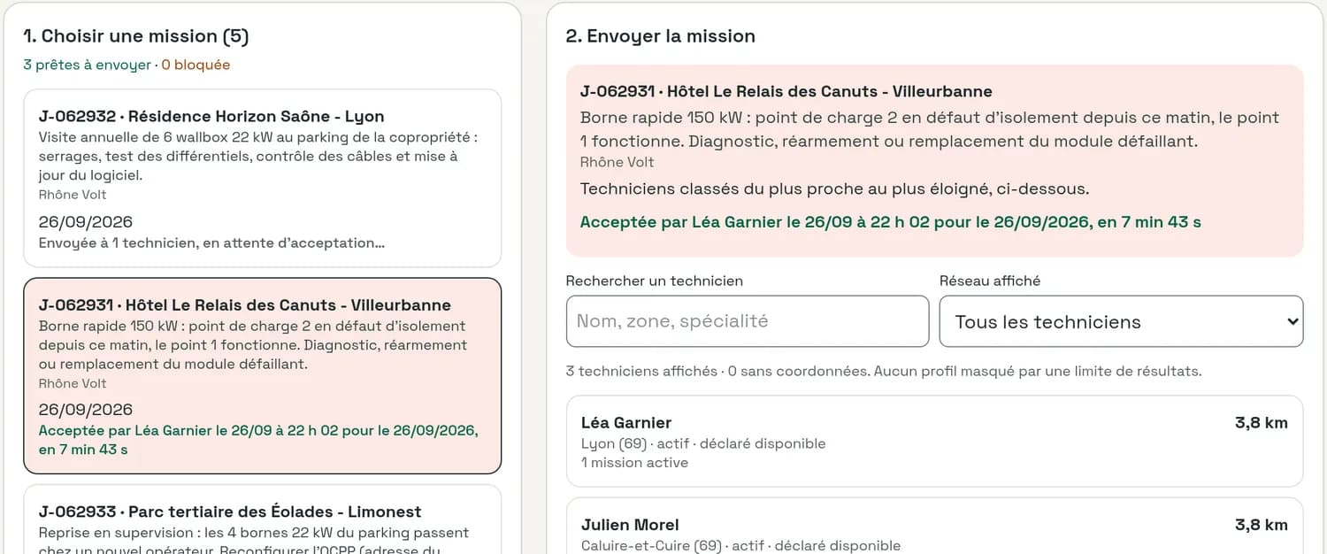 Schermata della console di regia: intervento accettato da Léa Garnier il 26/09 alle 22:02 per il 26/09/2026, in 7 min 43 s.
