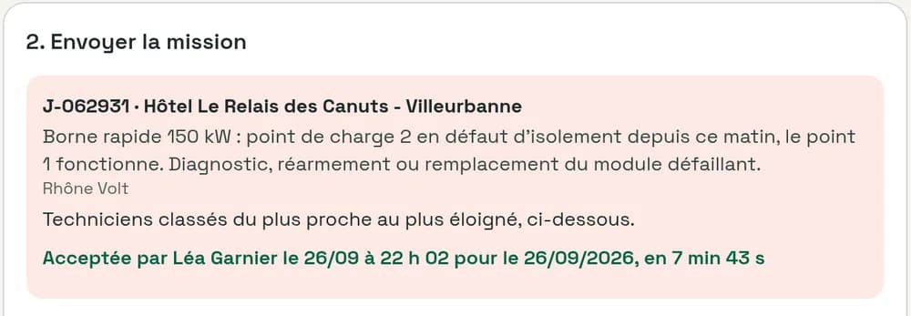 Schermata della console di regia: intervento accettato da Léa Garnier il 26/09 alle 22:02 per il 26/09/2026, in 7 min 43 s.
