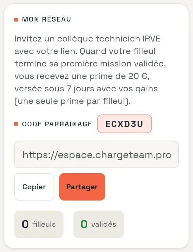 Schermata del programma di presentazione: codice e link d'invito, premio di 20 € al primo intervento convalidato del tecnico presentato.