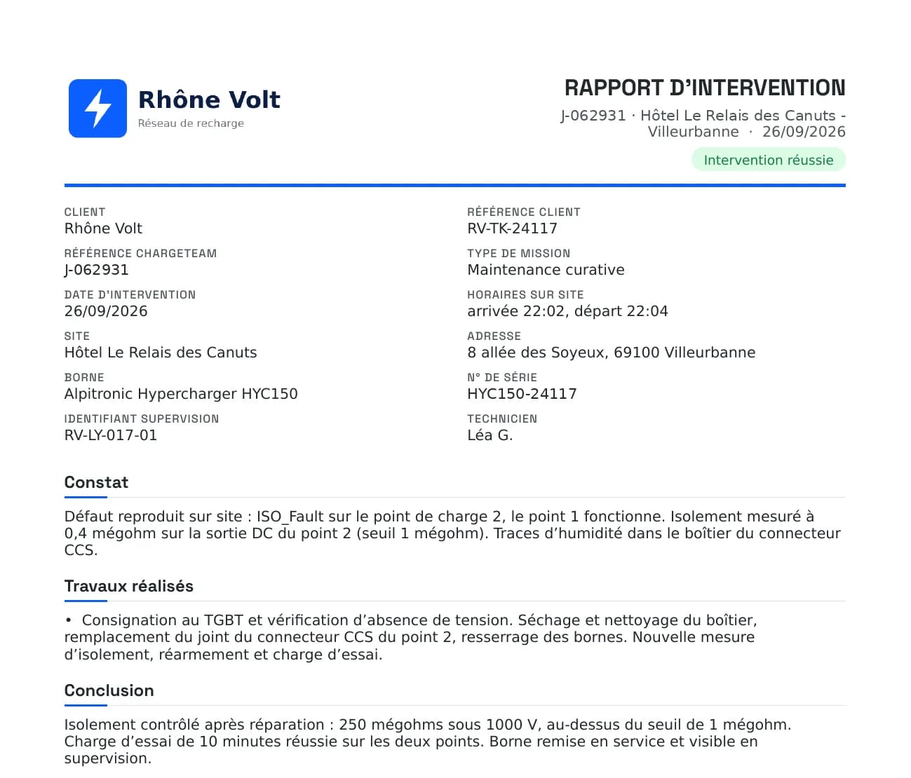 Schermata del rapporto d'intervento in PDF con il logo del cliente.