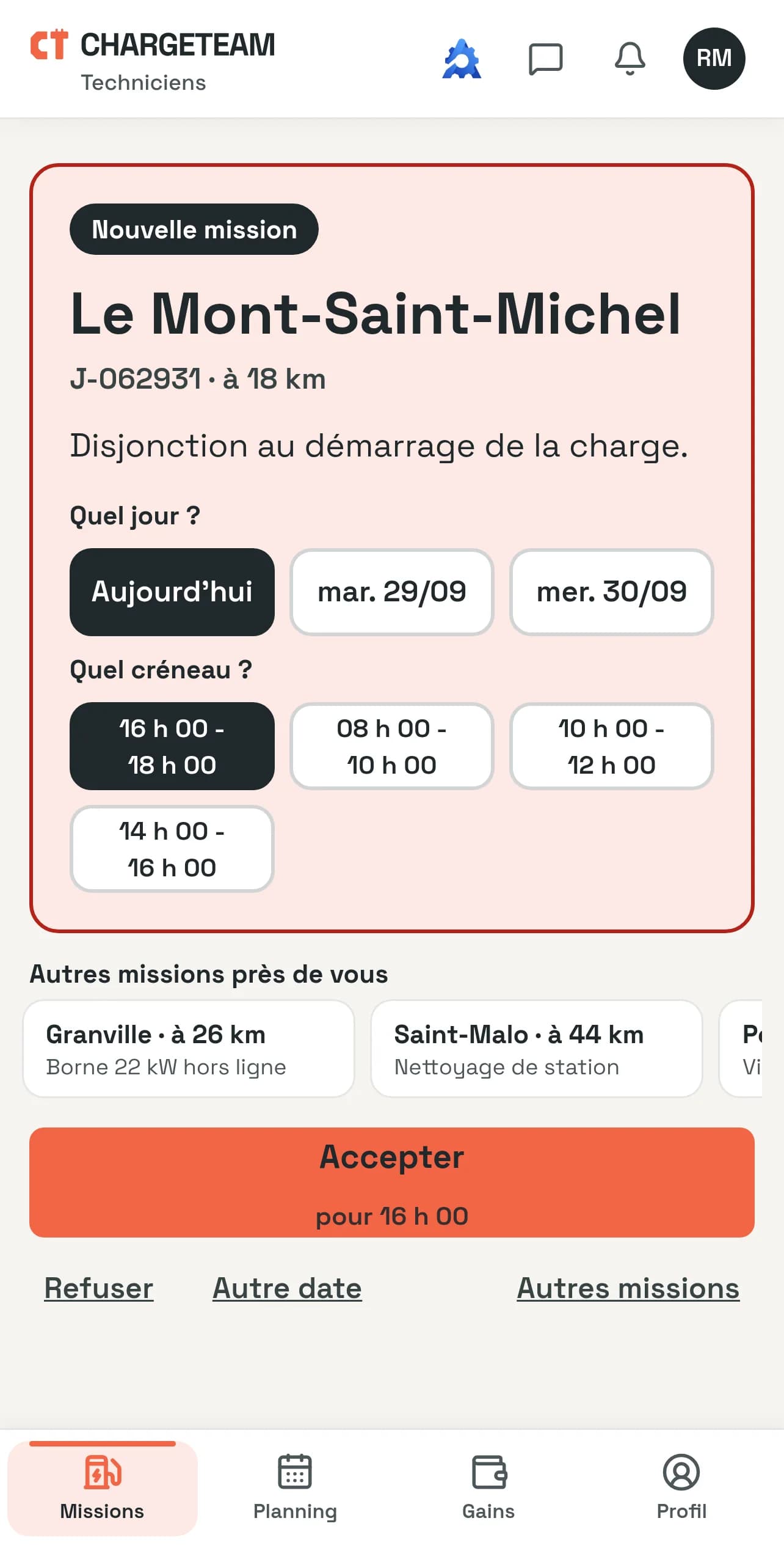 Écran de l’appli technicien : nouvelle mission, choix du jour et du créneau, bouton Accepter