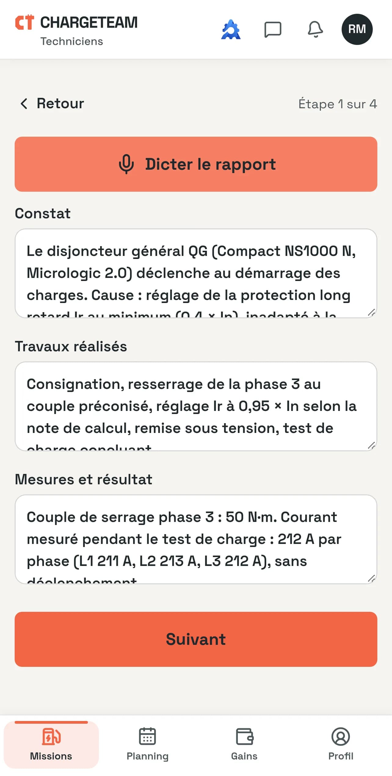 Écran de l’appli technicien : rapport en cours de rédaction, constat et travaux réalisés