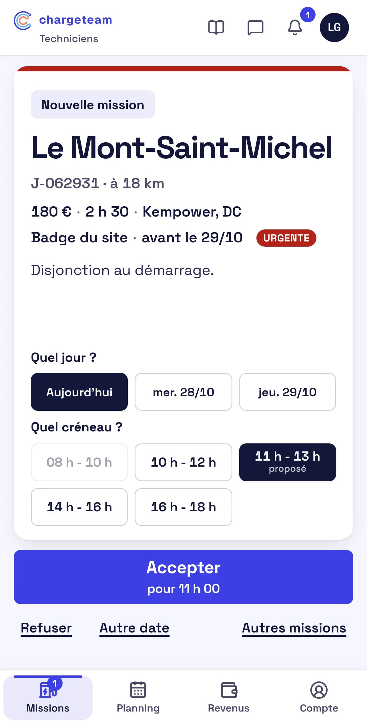 Écran de l’appli technicien : nouvelle mission, choix du jour et du créneau, bouton Accepter