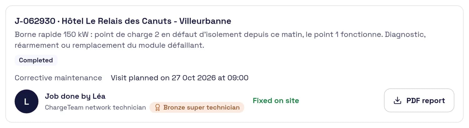 Screenshot of a job approved and closed, PDF report ready.