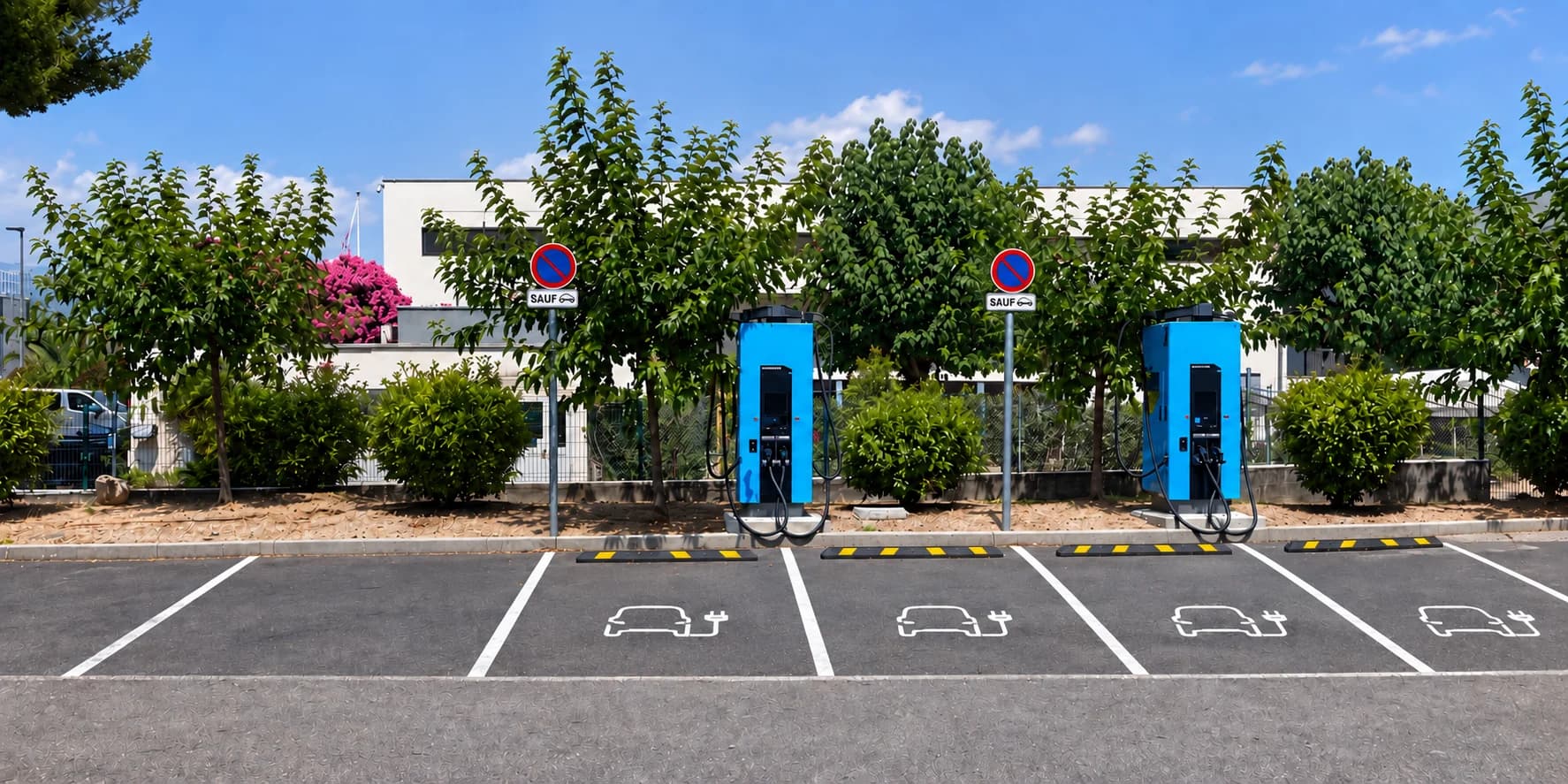 Ladestation mit drei Schnellladesäulen auf einem sonnigen Parkplatz
