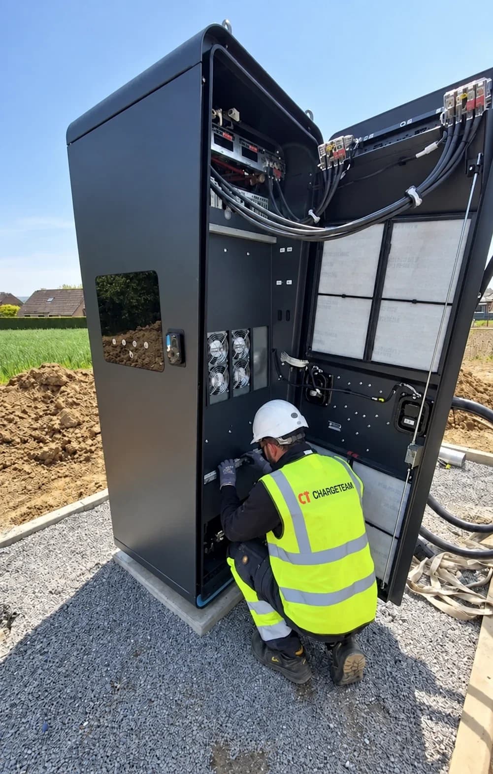 Technicien agenouillé devant une borne rapide ouverte, avec casque, gants et gilet haute visibilité ChargeTeam.