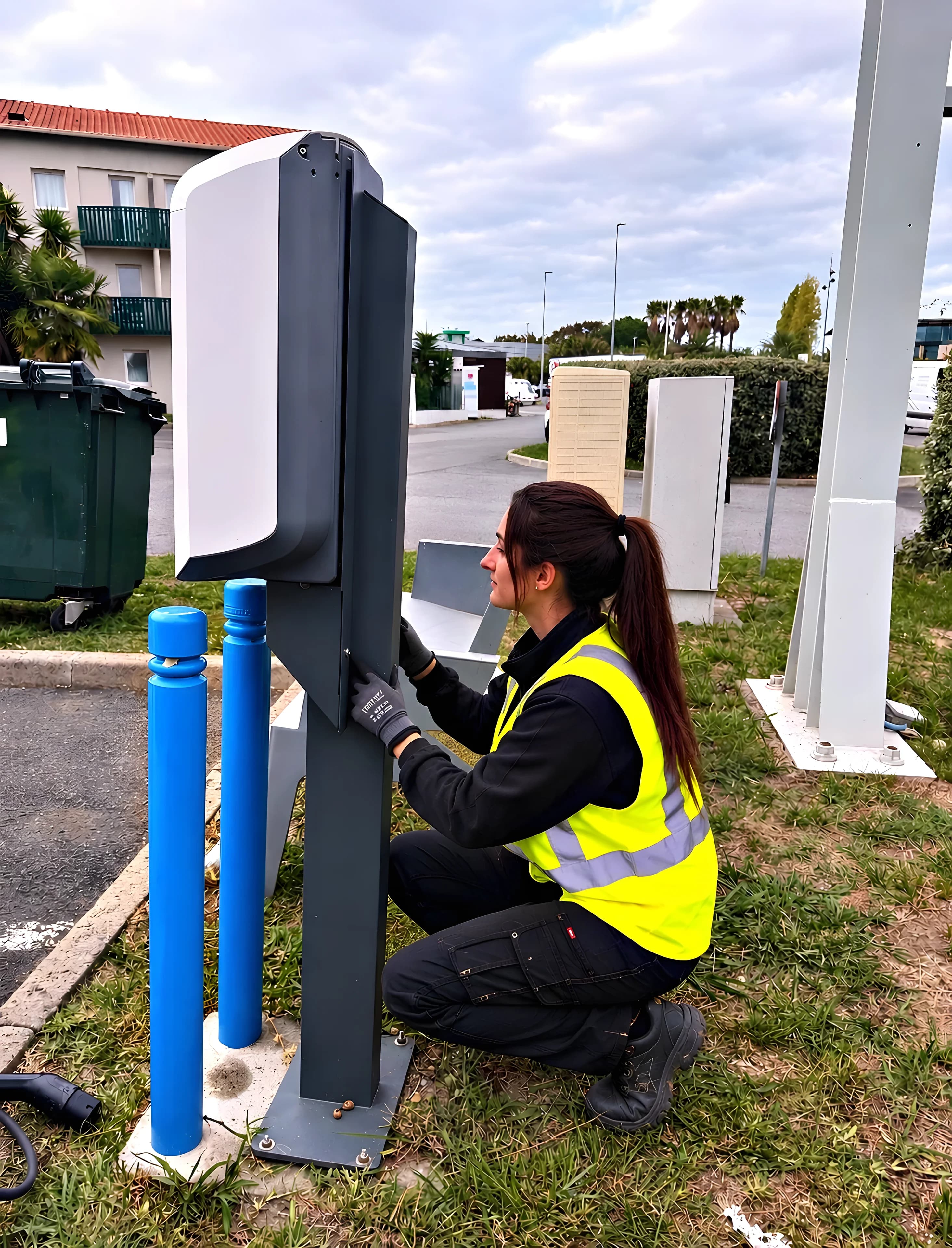 Technicienne en tenue de sécurité, gilet haute visibilité, ouvrant le capot d’une borne