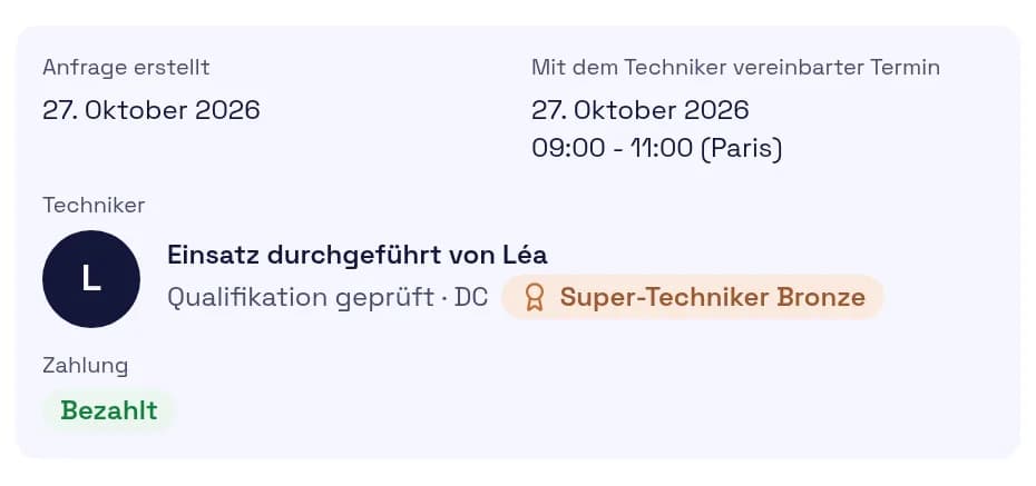 Screenshot des Kundenbereichs: Auftrag von einem Techniker des Netzwerks angenommen, Termin vereinbart und Techniker genannt.