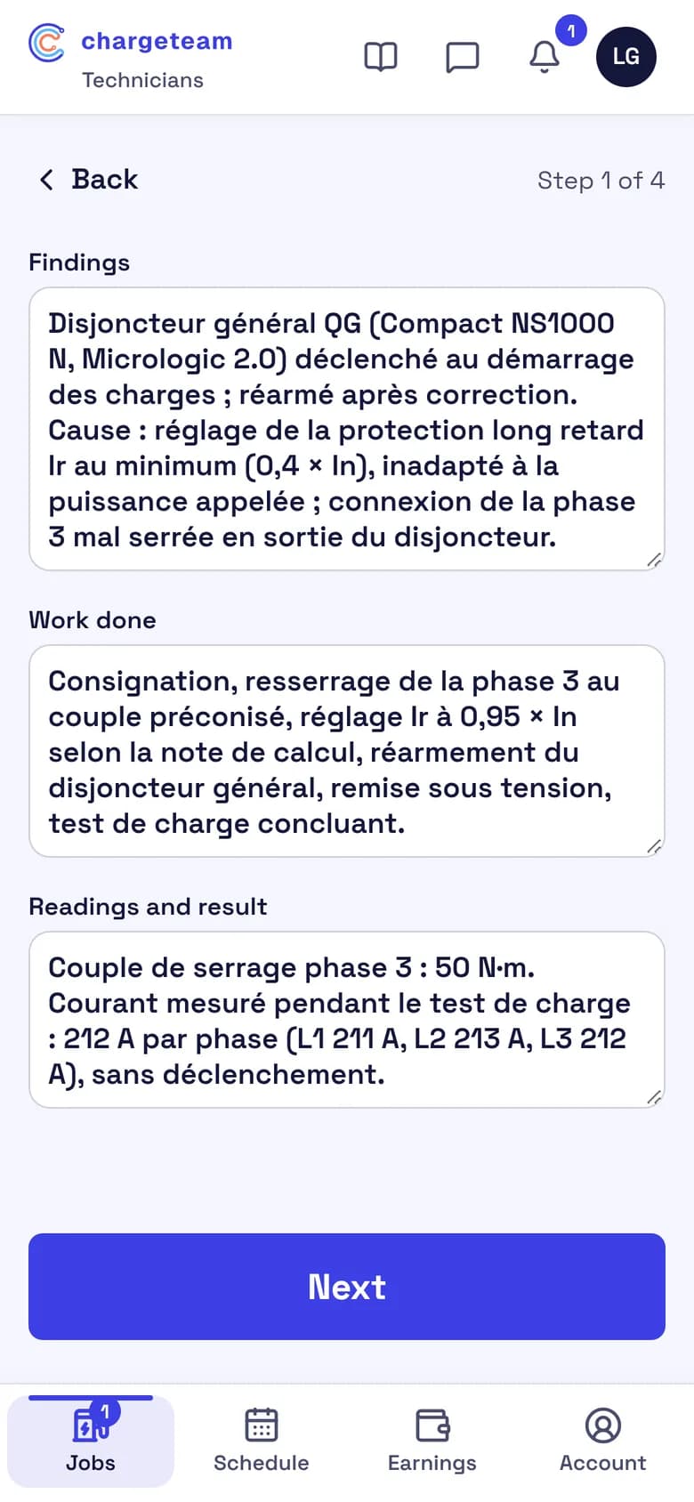 Screenshot of the ChargeTeam technician app: the report, step 1 of 4, with findings, work carried out and measurements, checked by the team before it is shared with the client.