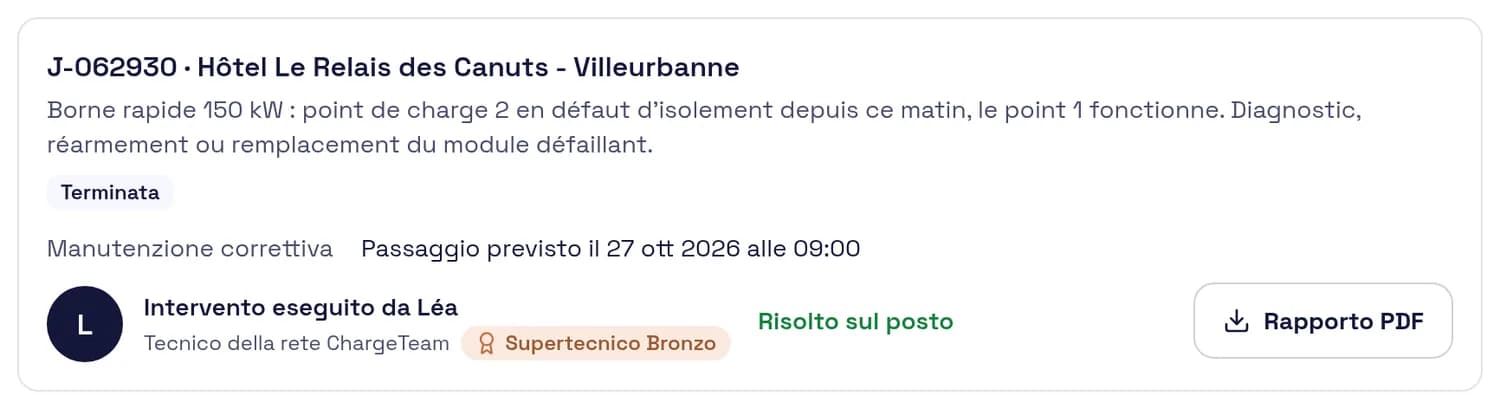 Schermata di un incarico convalidato e chiuso, rapporto PDF pronto.