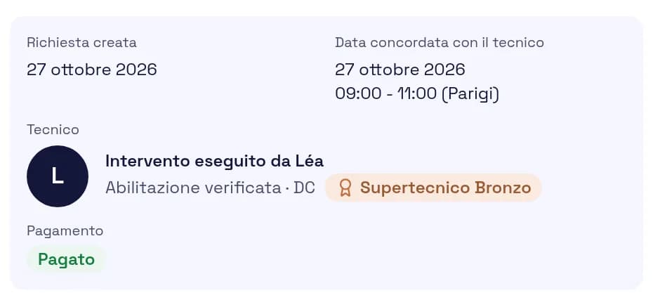 Schermata dell’area cliente: missione accettata da un tecnico della rete, fascia oraria concordata e tecnico indicato per nome.