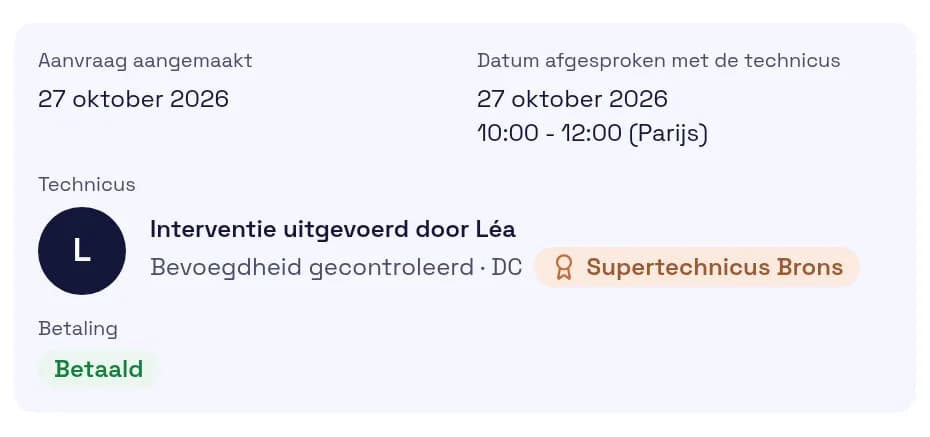 Schermafbeelding van de klantomgeving: opdracht aanvaard door een technicus van het netwerk, tijdvak afgesproken en technicus bij naam genoemd.