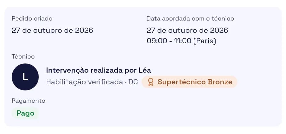 Captura da área do cliente: missão aceite por um técnico da rede, horário combinado e técnico identificado.