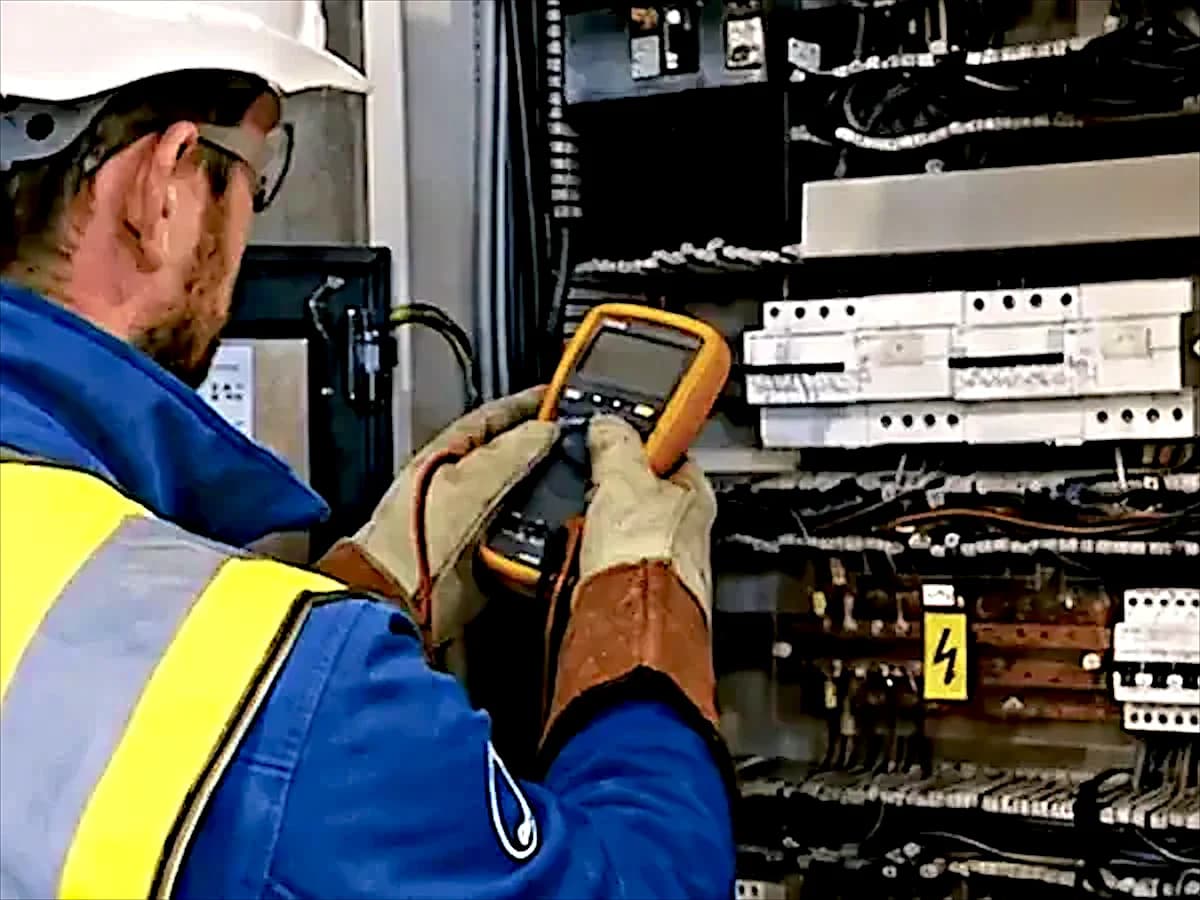 Gros plan : mains gantées d’un technicien tenant un multimètre devant une armoire électrique ouverte.