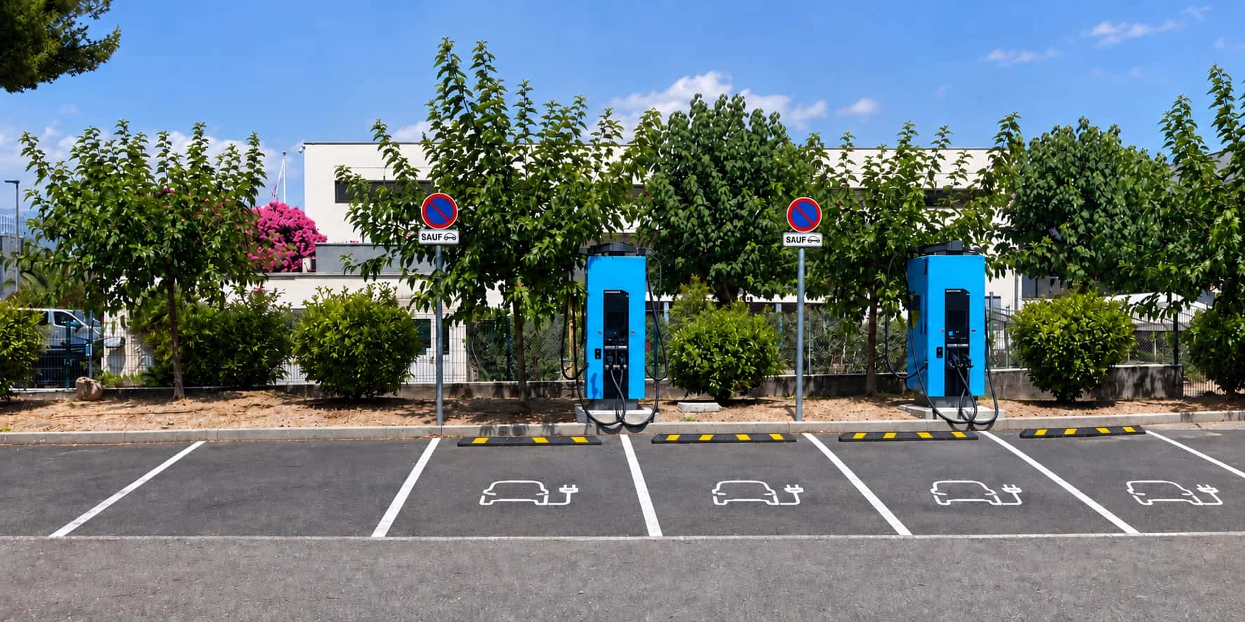 Ladestation mit drei Schnellladesäulen auf einem sonnigen Parkplatz