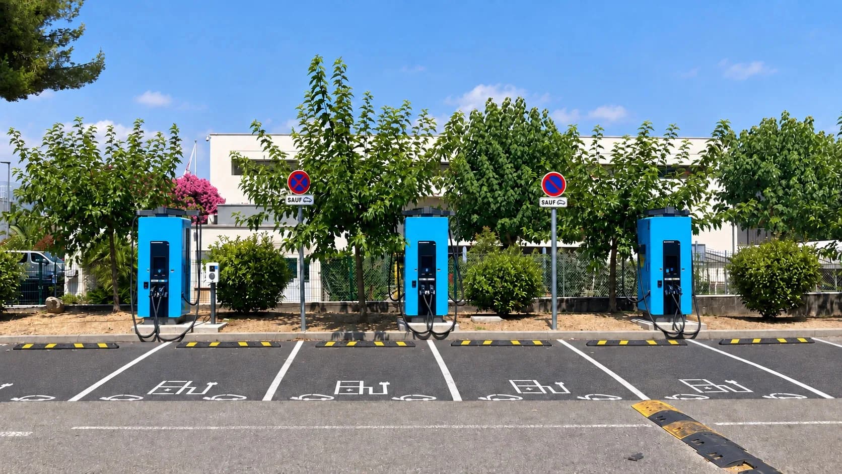Trois bornes de recharge rapide en enfilade, sur un parking de commerce ensoleillé.
