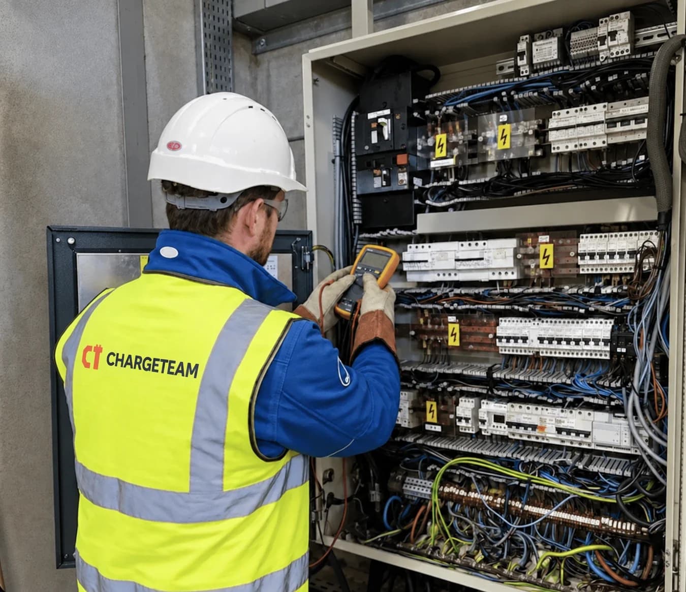 Technicien en casque, gants et gilet haute visibilité ChargeTeam, mesurant au multimètre dans une armoire électrique.