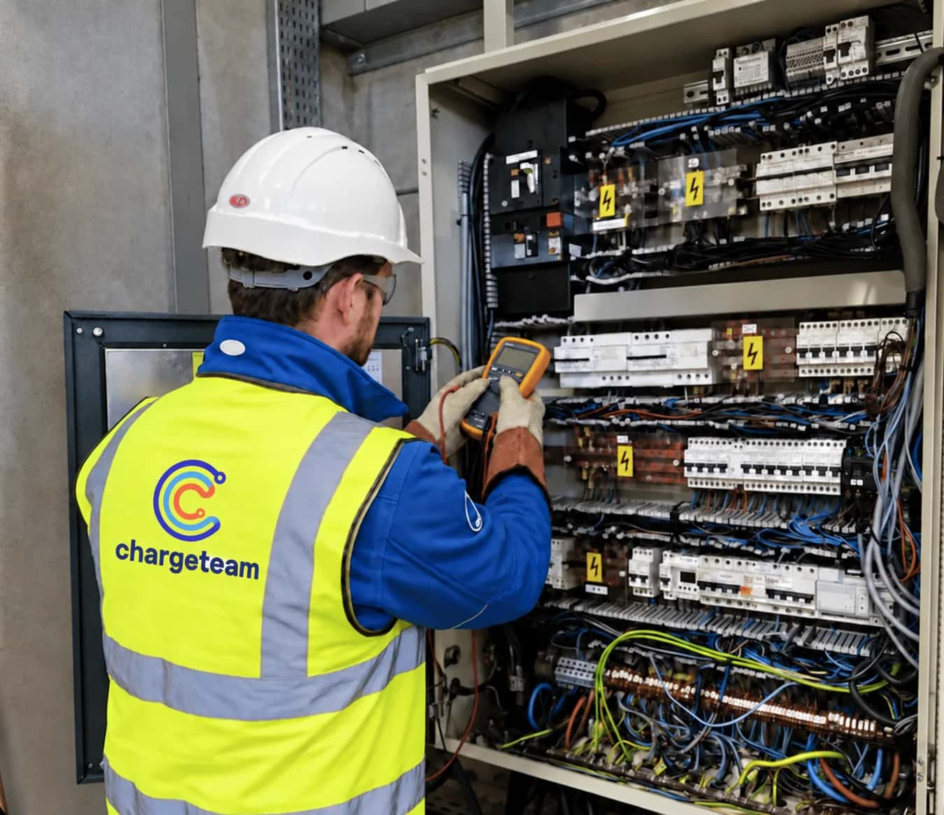 Técnico con casco, guantes y chaleco de alta visibilidad ChargeTeam, midiendo con un multímetro en un cuadro eléctrico.