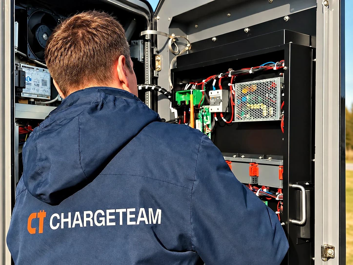 Technicien ChargeTeam de dos, devant une borne rapide ouverte