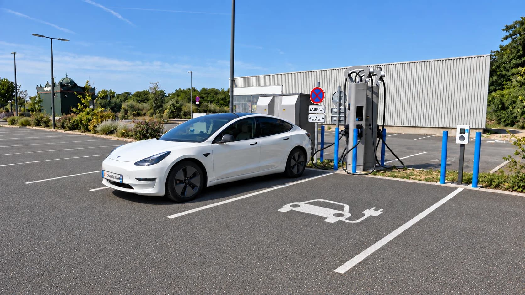 Tesla blanche ChargeTeam branchée à une borne de recharge rapide